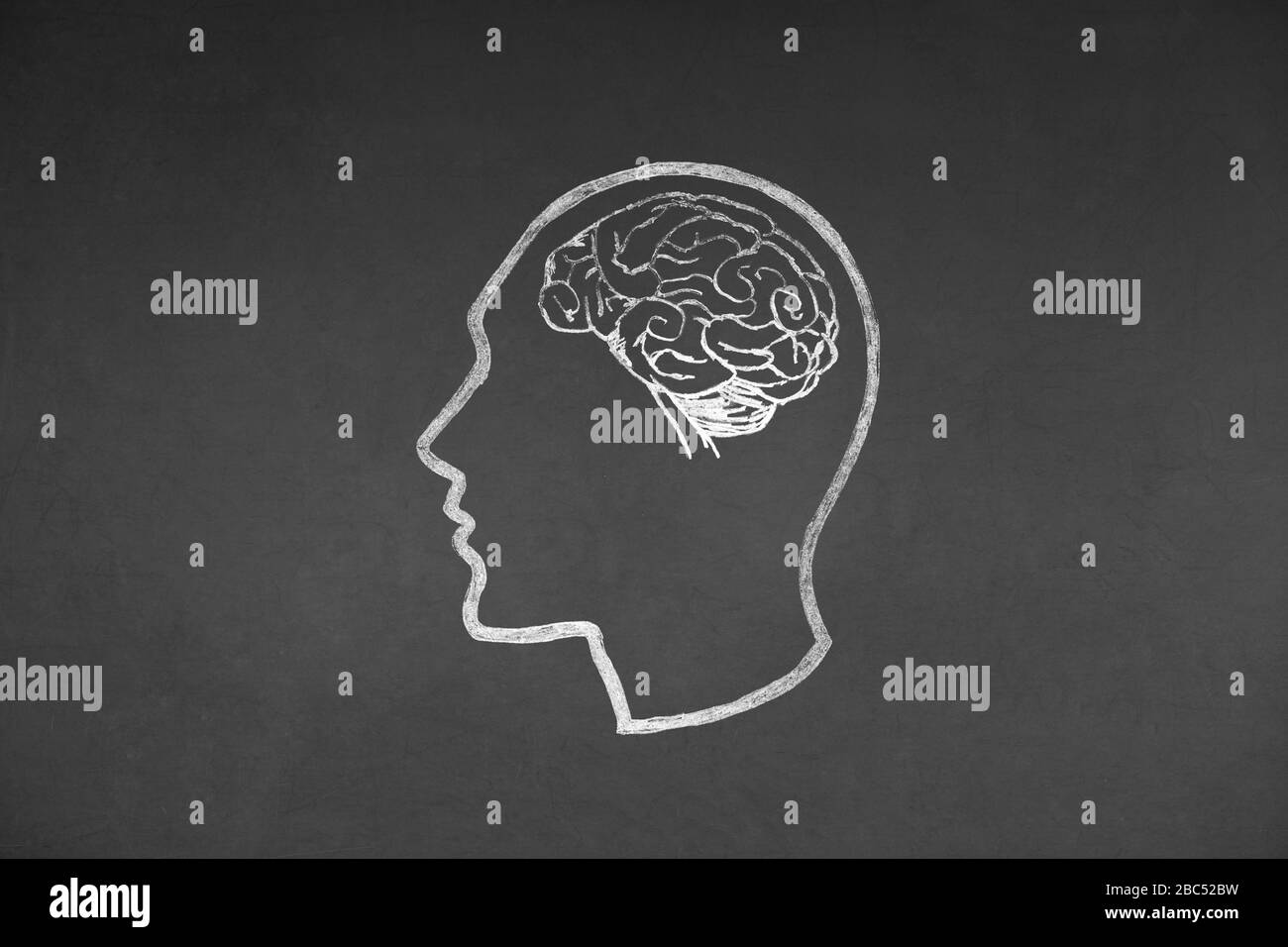 Human head and Brain Concept Drawing on Blackboard Texture Stock Photo