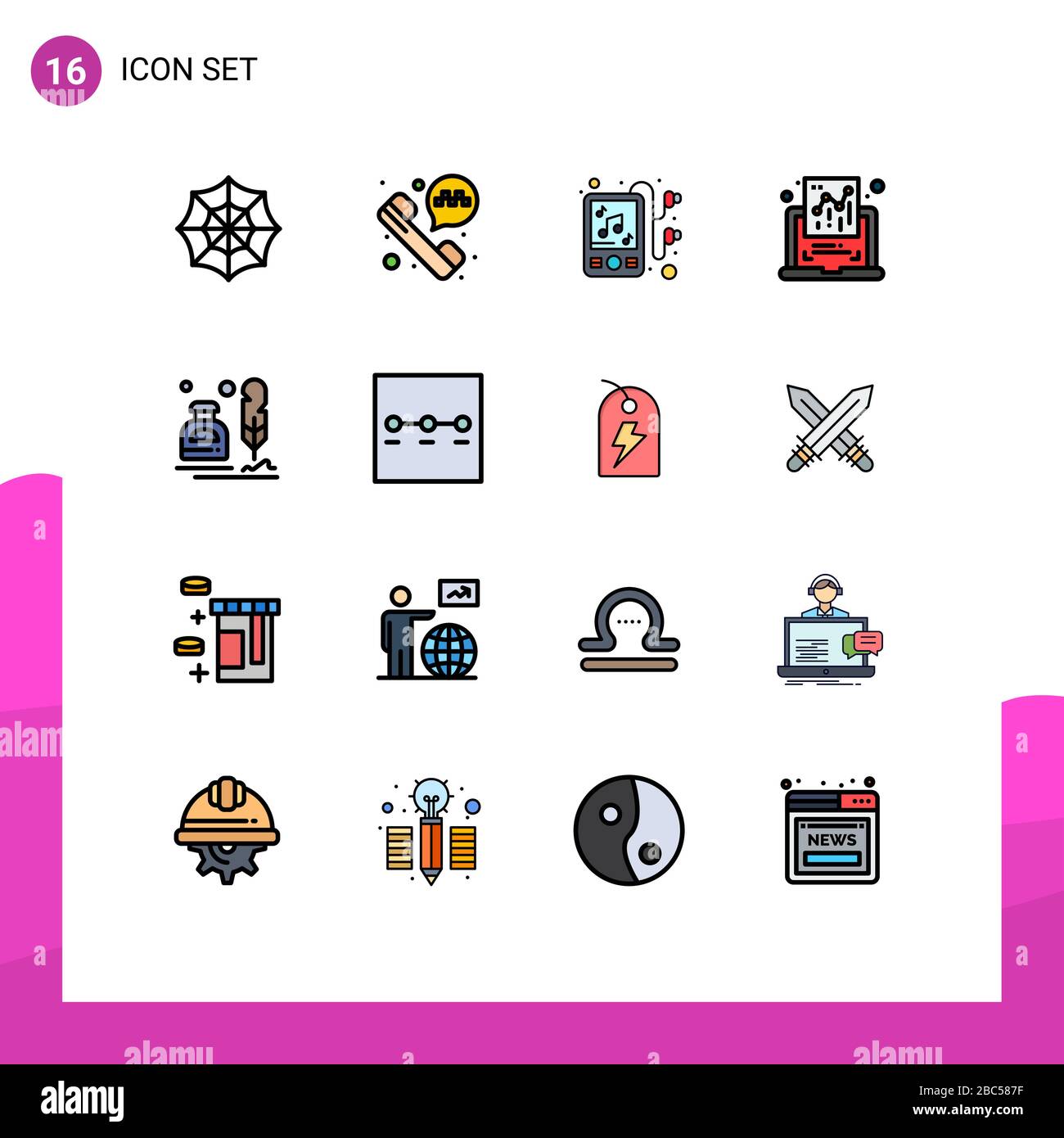 16 User Interface Flat Color Filled Line Pack of modern Signs and Symbols of office, fur, music, erite, report Editable Creative Vector Design Element Stock Vector