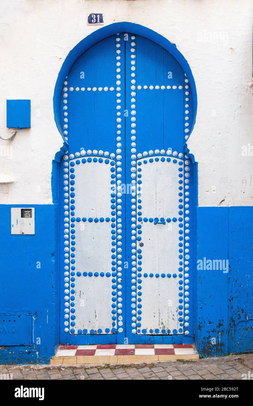 Blue and white door in Tangier, Morocco, Africa Stock Photo