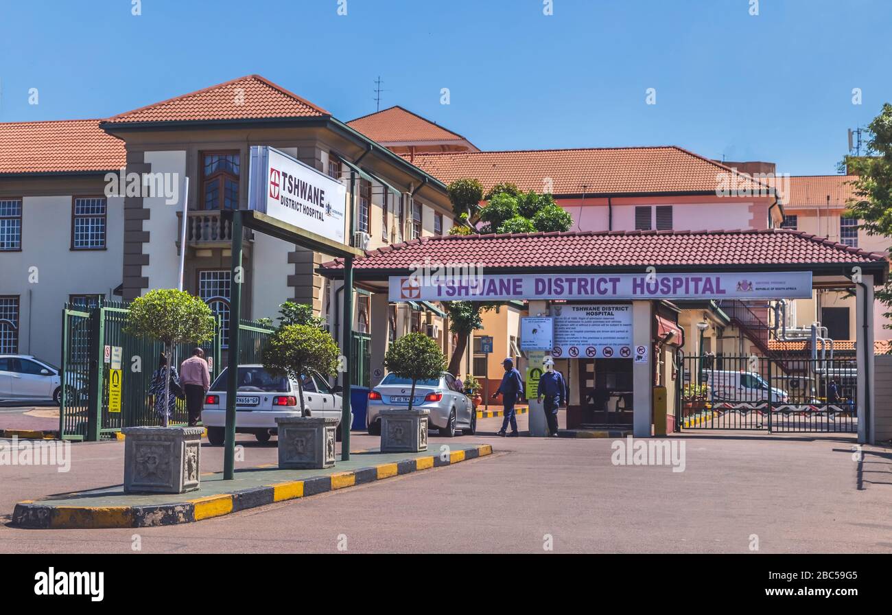 Pretoria, South Africa, 15th March - 2020: Front Entrance to district hospital Stock Photo
