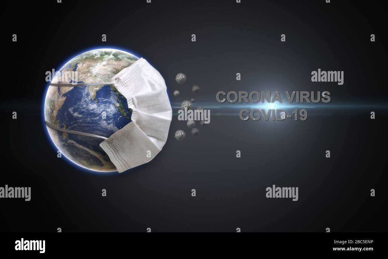 Head title Corona Virus with light flare. Planet Earth wearing face mask to protect the globe. World medical concept.  3D Render Earth wearing Face Ma Stock Photo