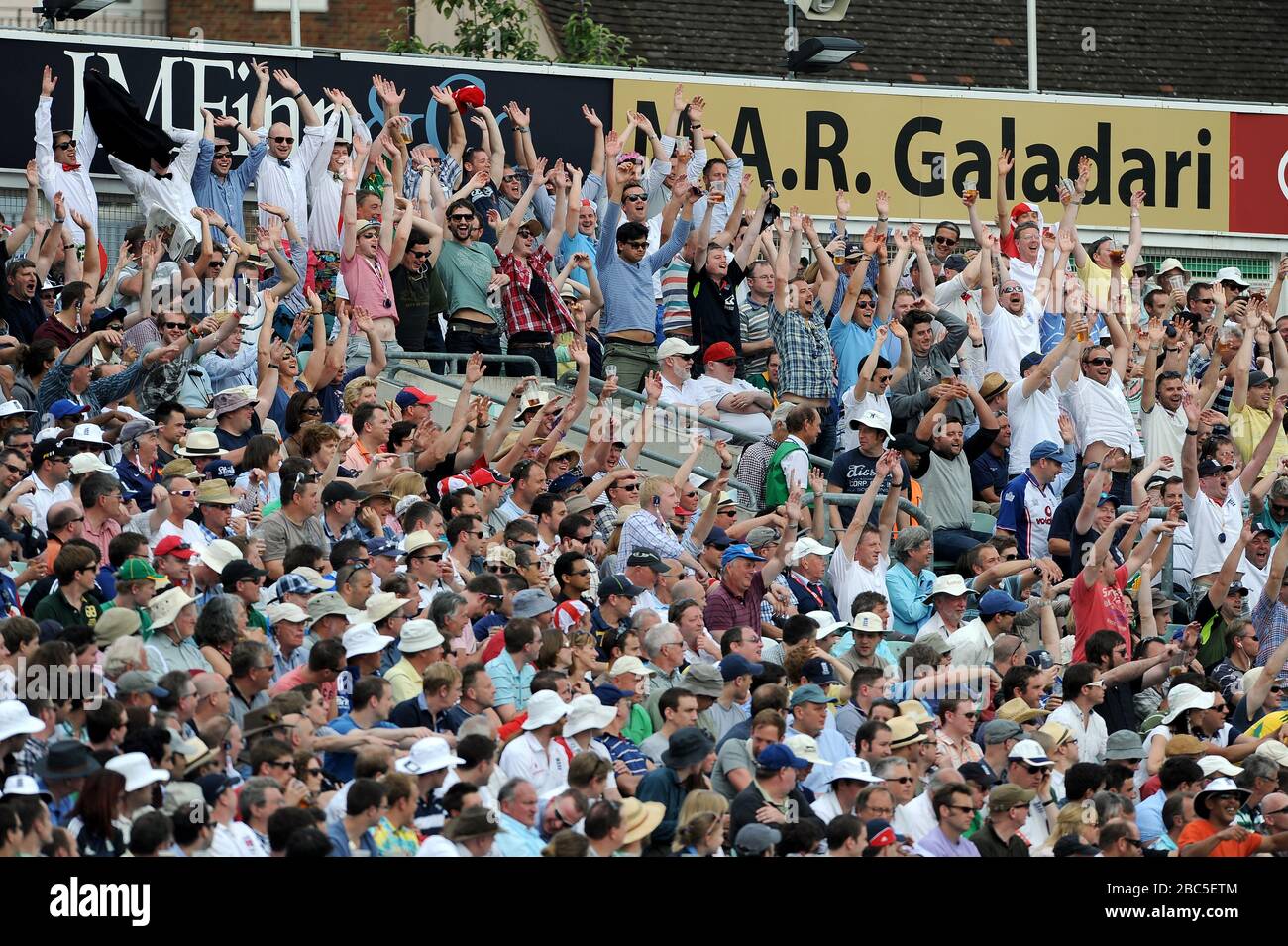 Fans enjoy a Mexican wave in the stands Stock Photo
