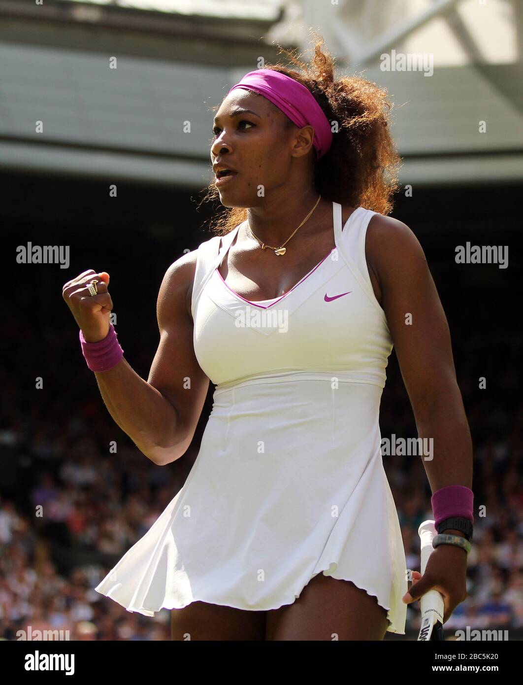 USA's Serena Williams celebrates winning the first set against Belarus's Victoria Azarenka Stock Photo