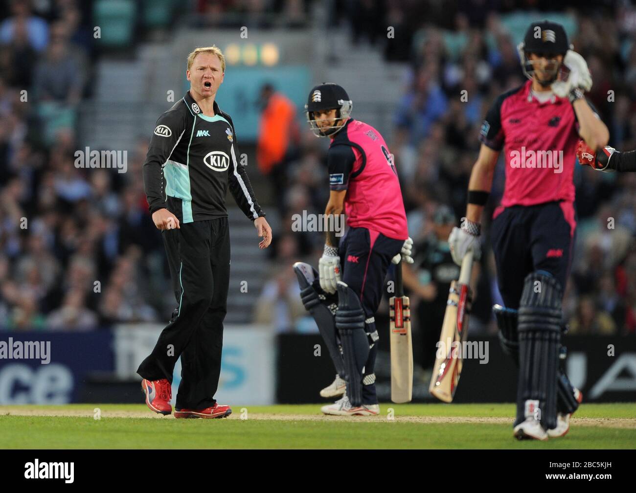 Surrey Lions' Gareth Batty (left) celebrates after bowling Middlesex Panthers' John Simpson (right). Stock Photo