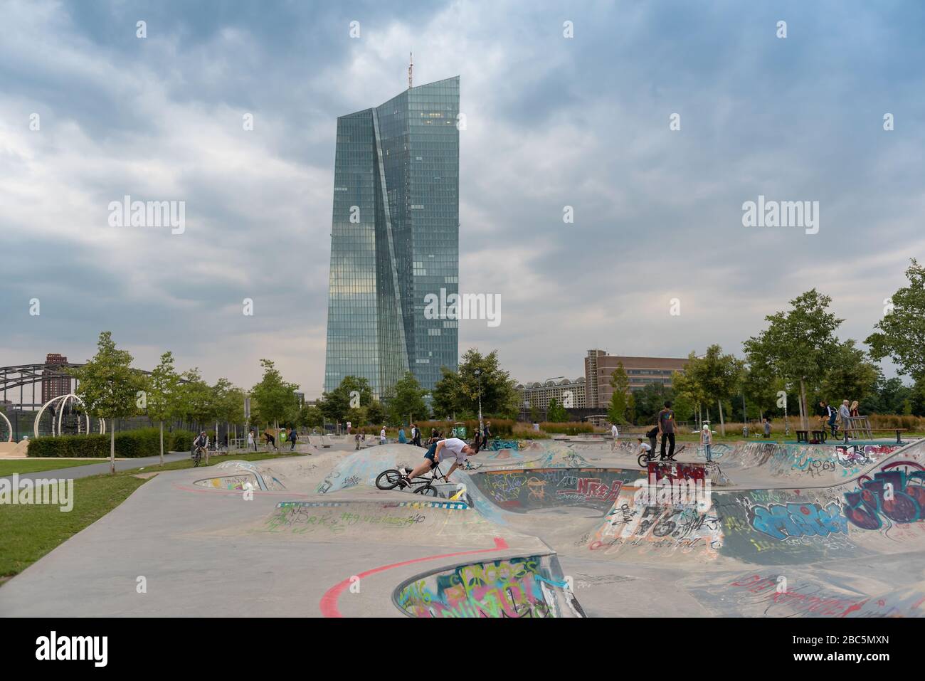 skatepark in front of The European Central Bank in Frankfurt am Main, Germany Stock Photo