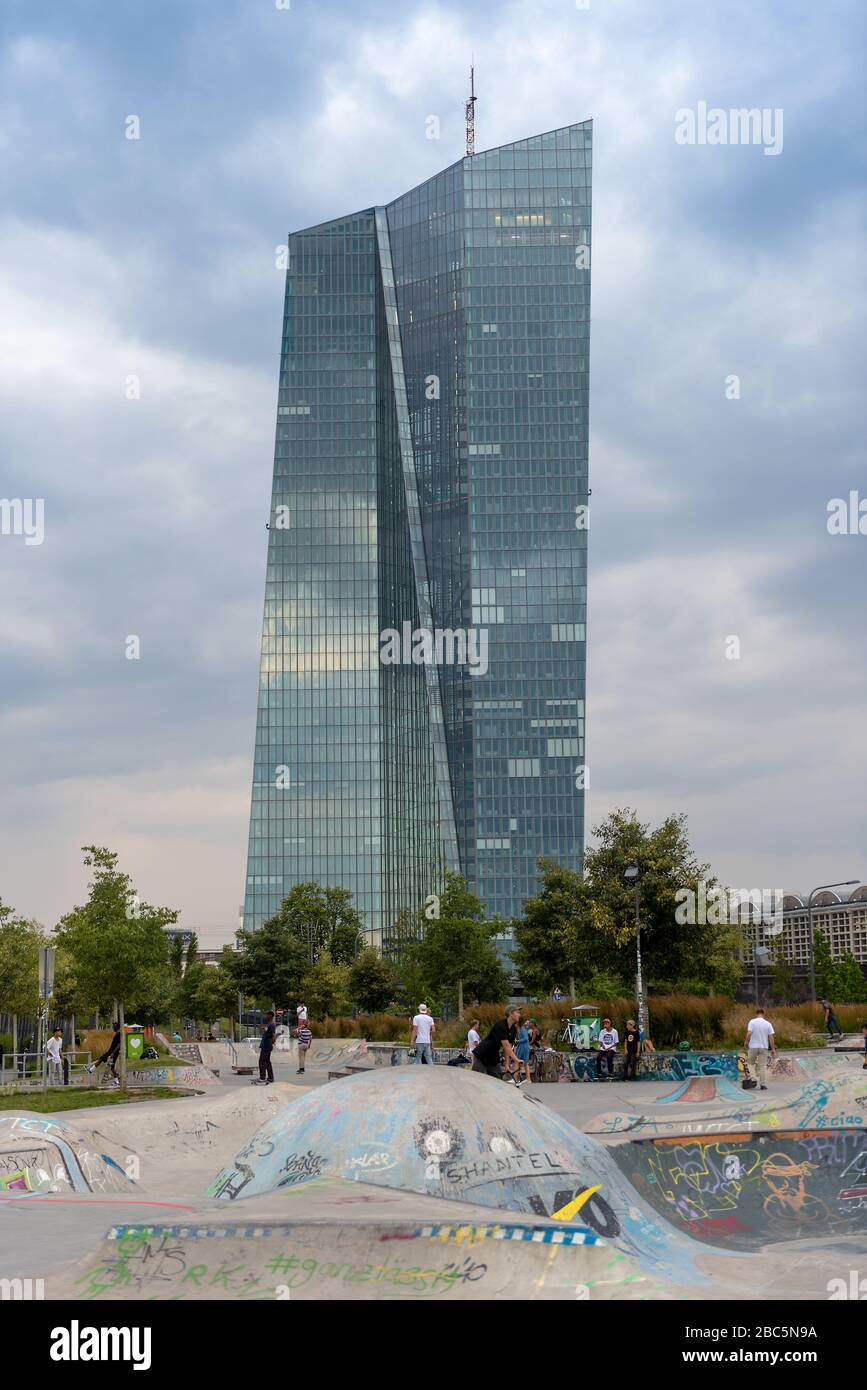 skatepark in front of The European Central Bank in Frankfurt am Main, Germany Stock Photo