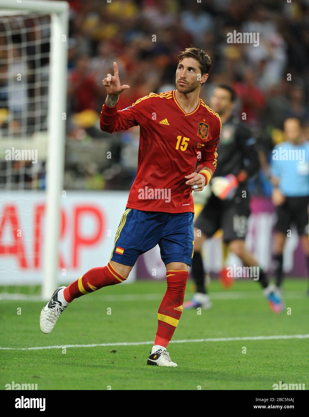 Spain's Sergio Ramos celebrates scoring his penalty in the penalty shoot out Stock Photo