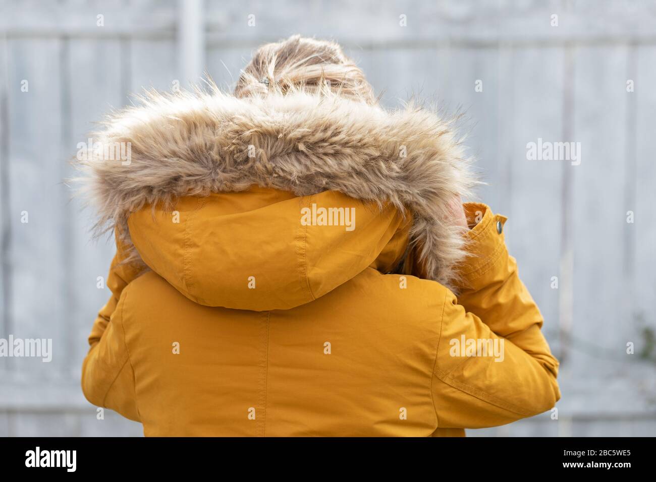 Back view of woman wearing yelllow furry parka jacket in front of grey wooden background Stock Photo