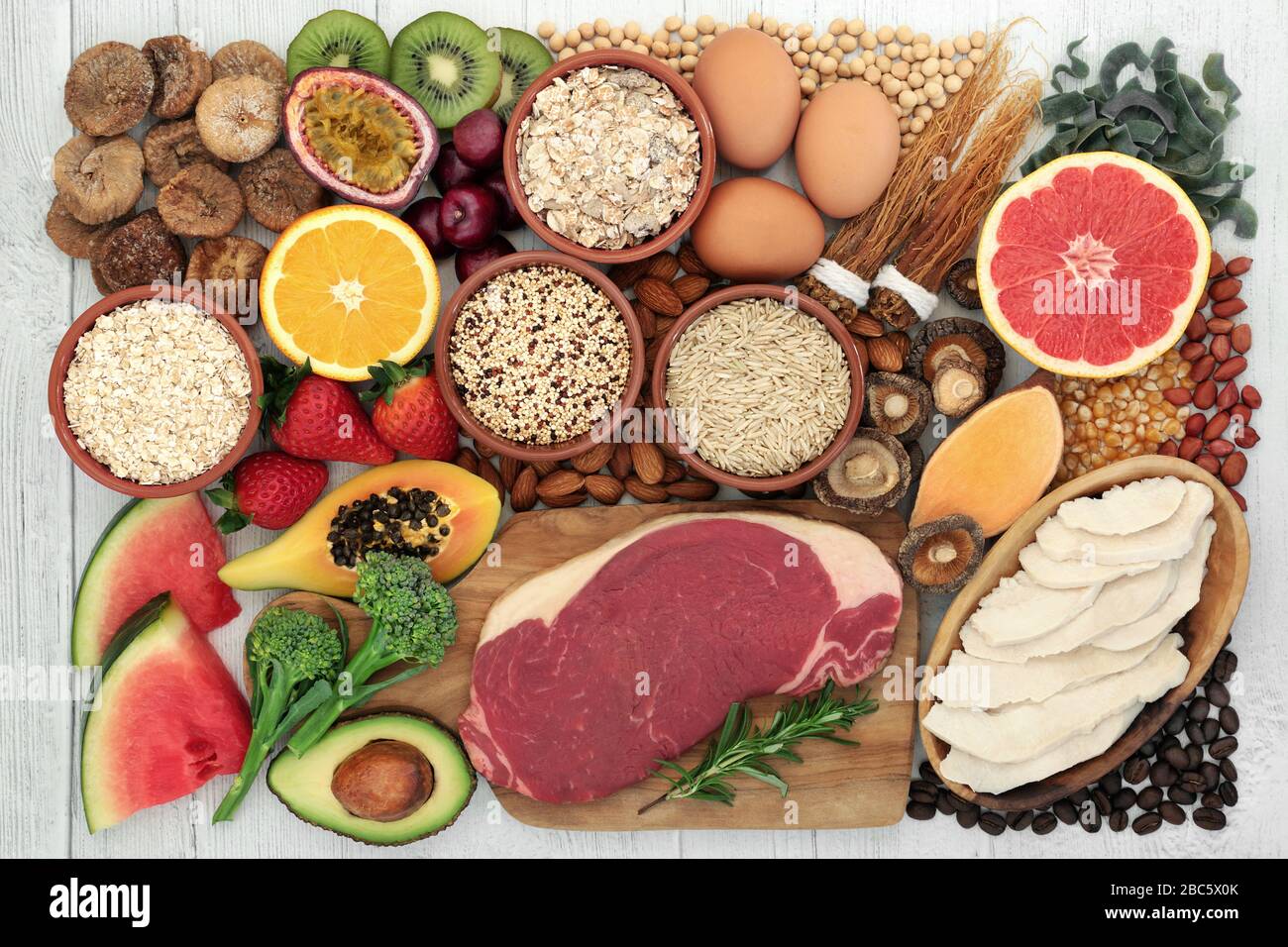 High energy health food for fitness with meat, fish, fruit, vegetables