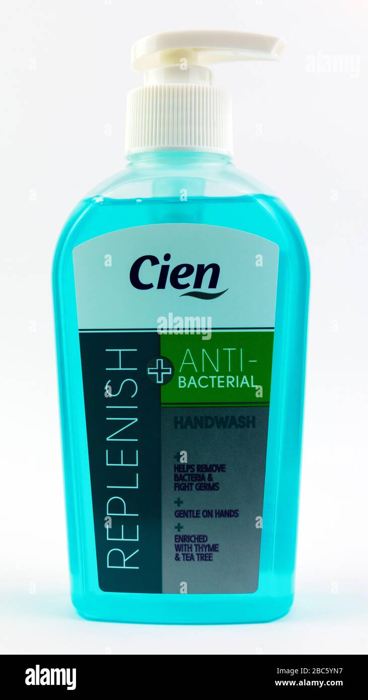Coventry, West Midlands, UK - March 27, 2020: Lidl brand Cien antibacterial hand wash pump bottle on an isolated white background Stock Photo