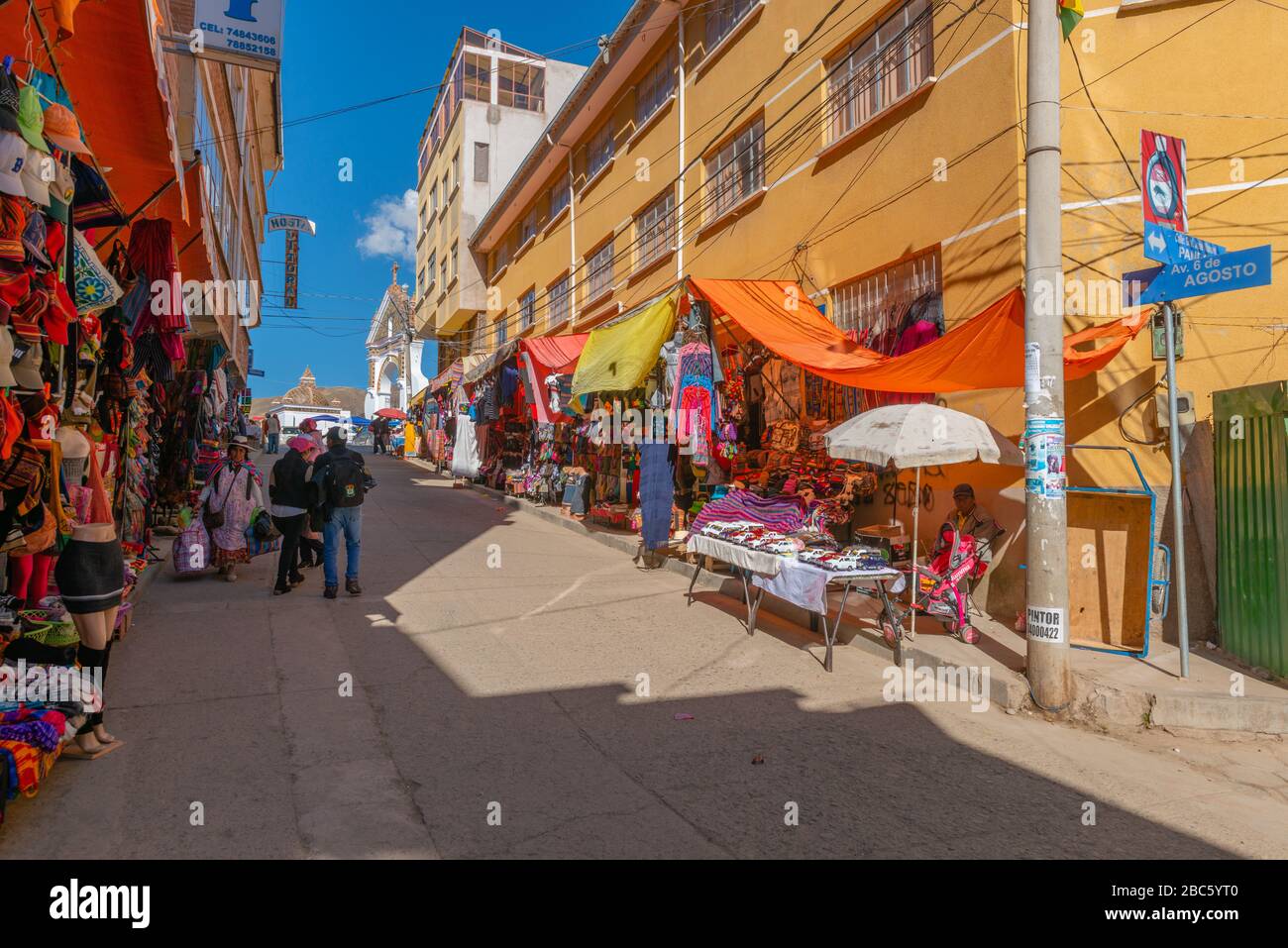 Small shops in the popular and touristic town of Copacabana, Lake Titicaca, Andes Mountains, Department La Paz, Bolivia, Latin America Stock Photo