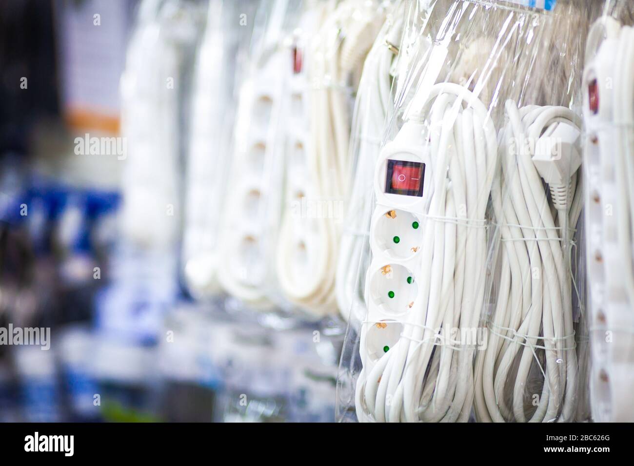 White extension cord with european plug outlet and switch Stock Photo
