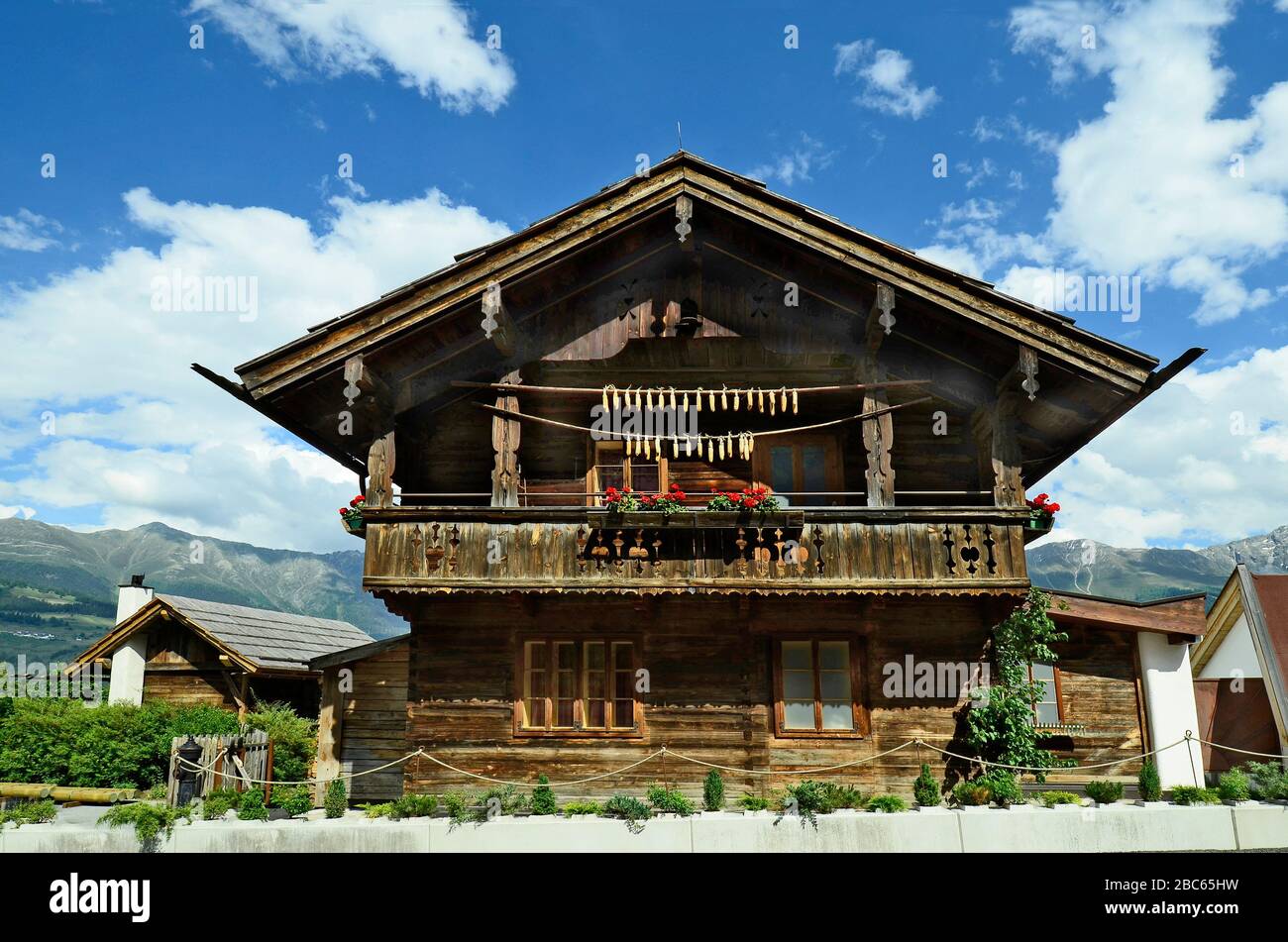 Austria,nostalgic homestead in traditional timber structure in Mals Stock Photo