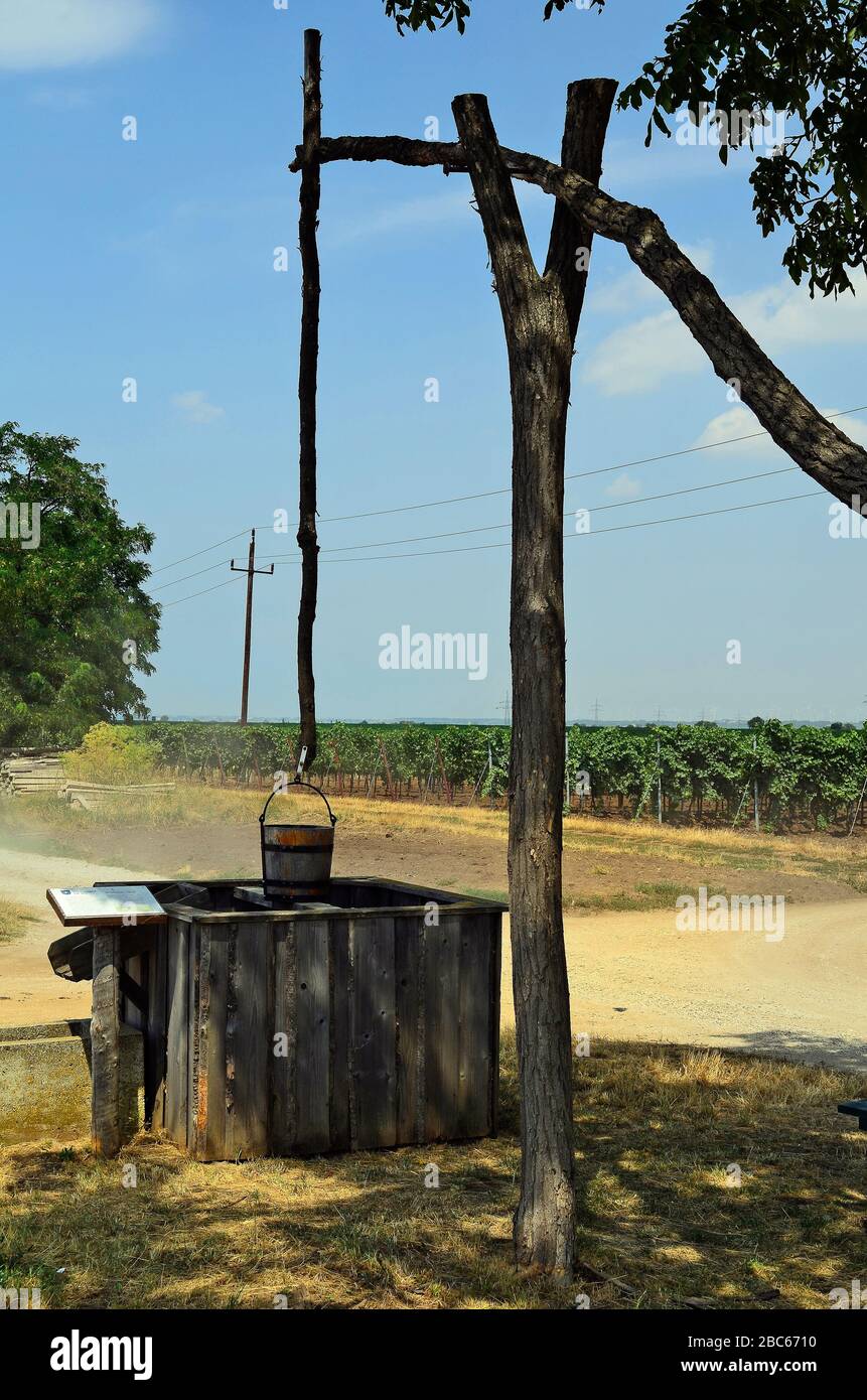 Austria, old traditional draw well and vineyard in Burgenland Stock Photo