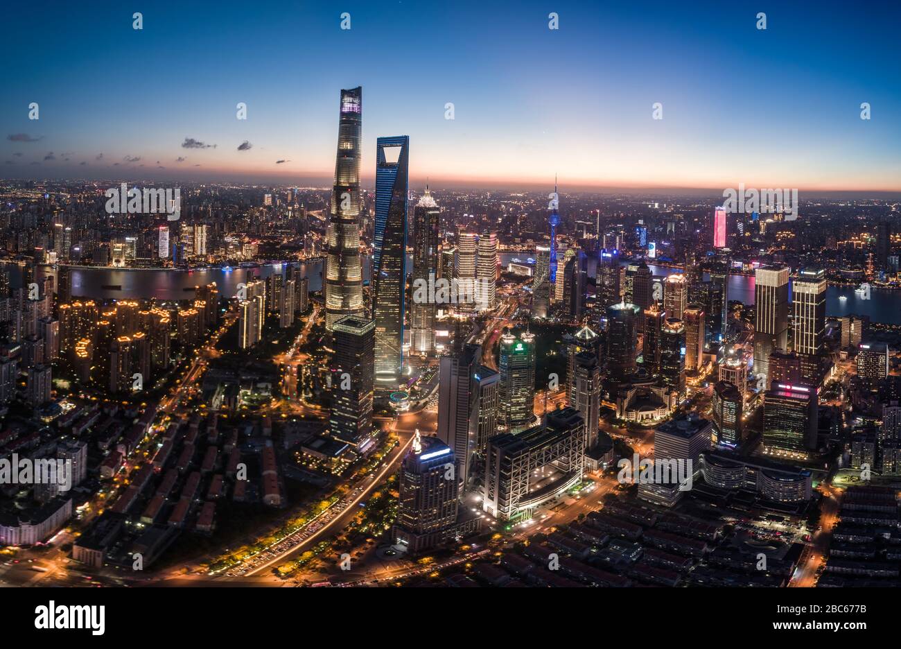 Shanghai, China - Jul 18, 2018: aerial view of Lujiazui, Shanghai, at sunset Stock Photo