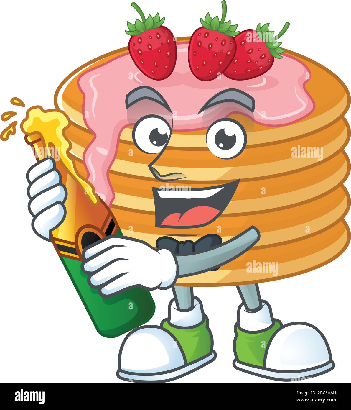 Mascot cartoon design of strawberry cream pancake making toast with a bottle of beer Stock Vector