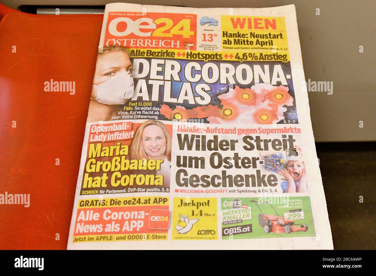 Vienna, Austria. 3rd Apr, 2020. Already the third week of exit restrictions in Austria. Austrian daily newspaper with Corona headline. Credit: Franz Perc/Alamy Live News Stock Photo