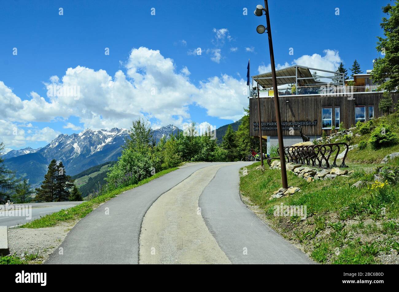 Piller, Austria - June 22nd 2016: Restaurant on Pillerhoehe named Gacher Blick in nature park Kaunergrat in Tyrol Stock Photo