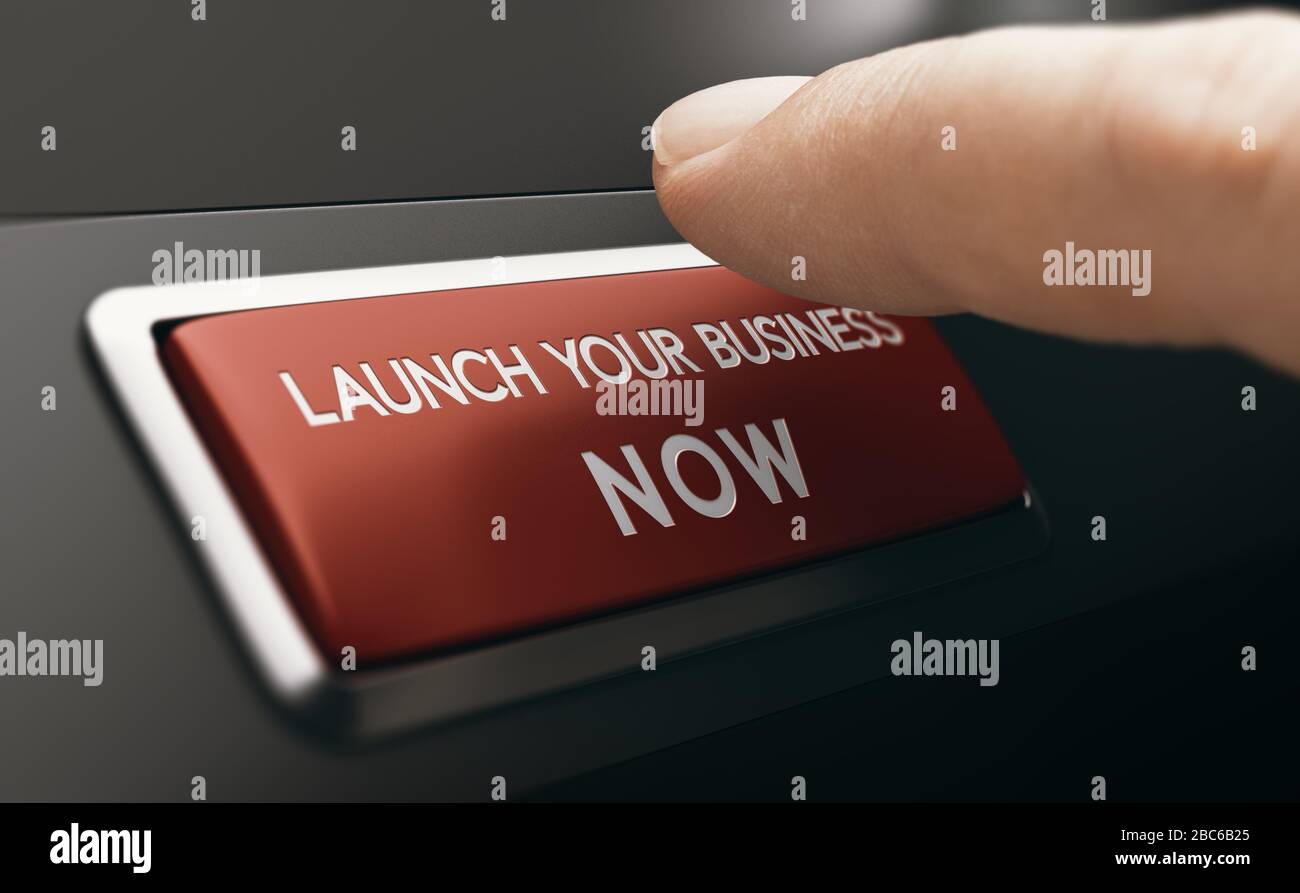 Finger pressing a red button with the text launch your business now. Concept of new venture or startup. Composite image between a hand photography and Stock Photo