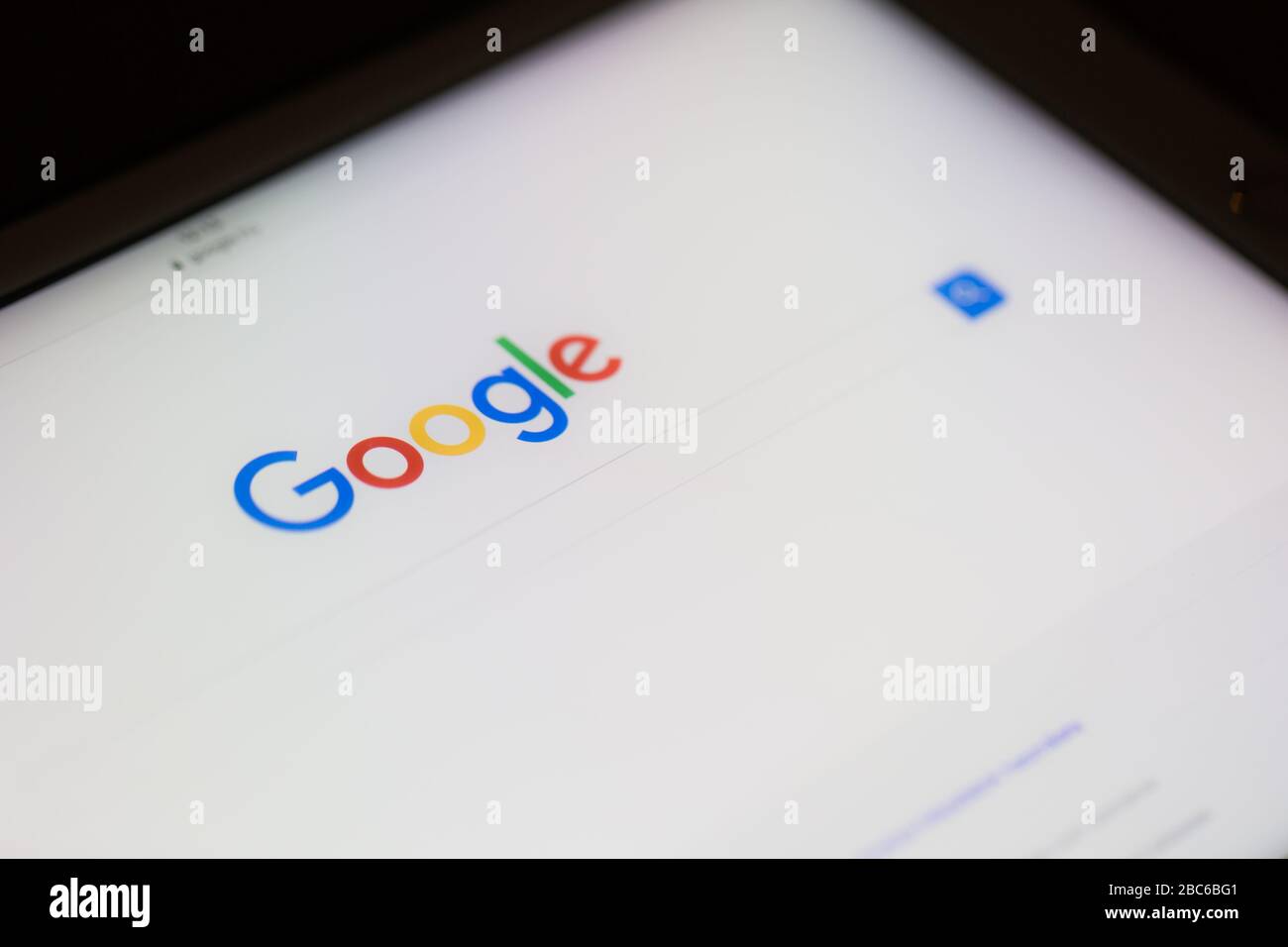 Hungary, Budapest: 10.12.2018. Google.com homepage and cursor on the screen. Google is world's most popular search engine, with phone search Stock Photo