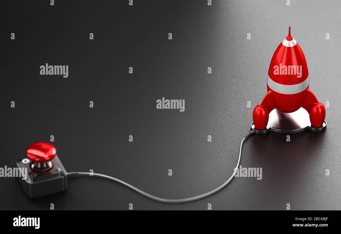 Red rocket and launcher over black background. Business or marketing strategy booster concept. 3D illustration. Stock Photo