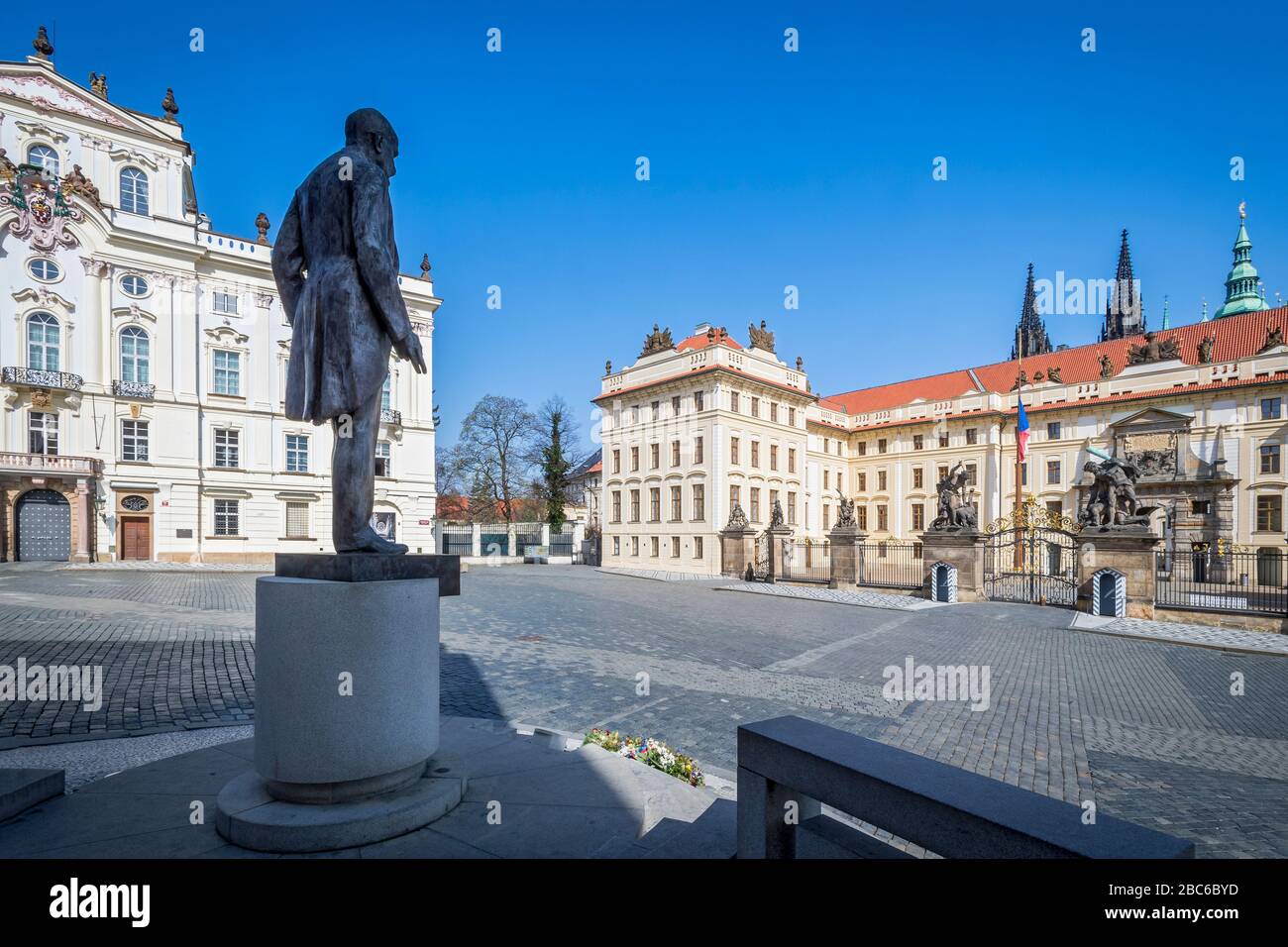unpeopled square of The Prague Castle, Czech republic, during Covid-19 pandemy Stock Photo