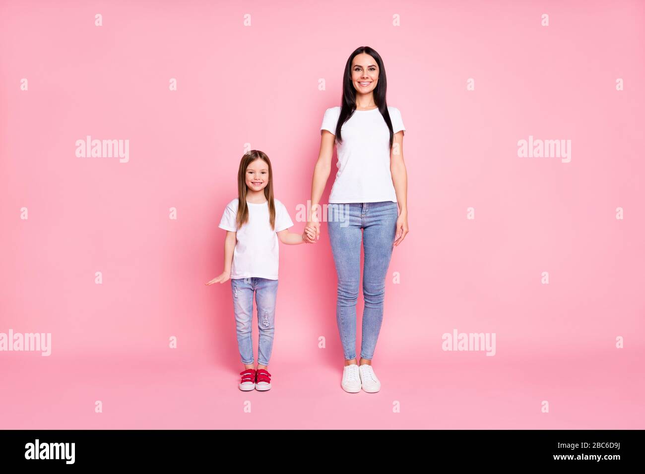 Full Body Photo Of Attractive Young Mom Small Daughter Ladies Good Mood 