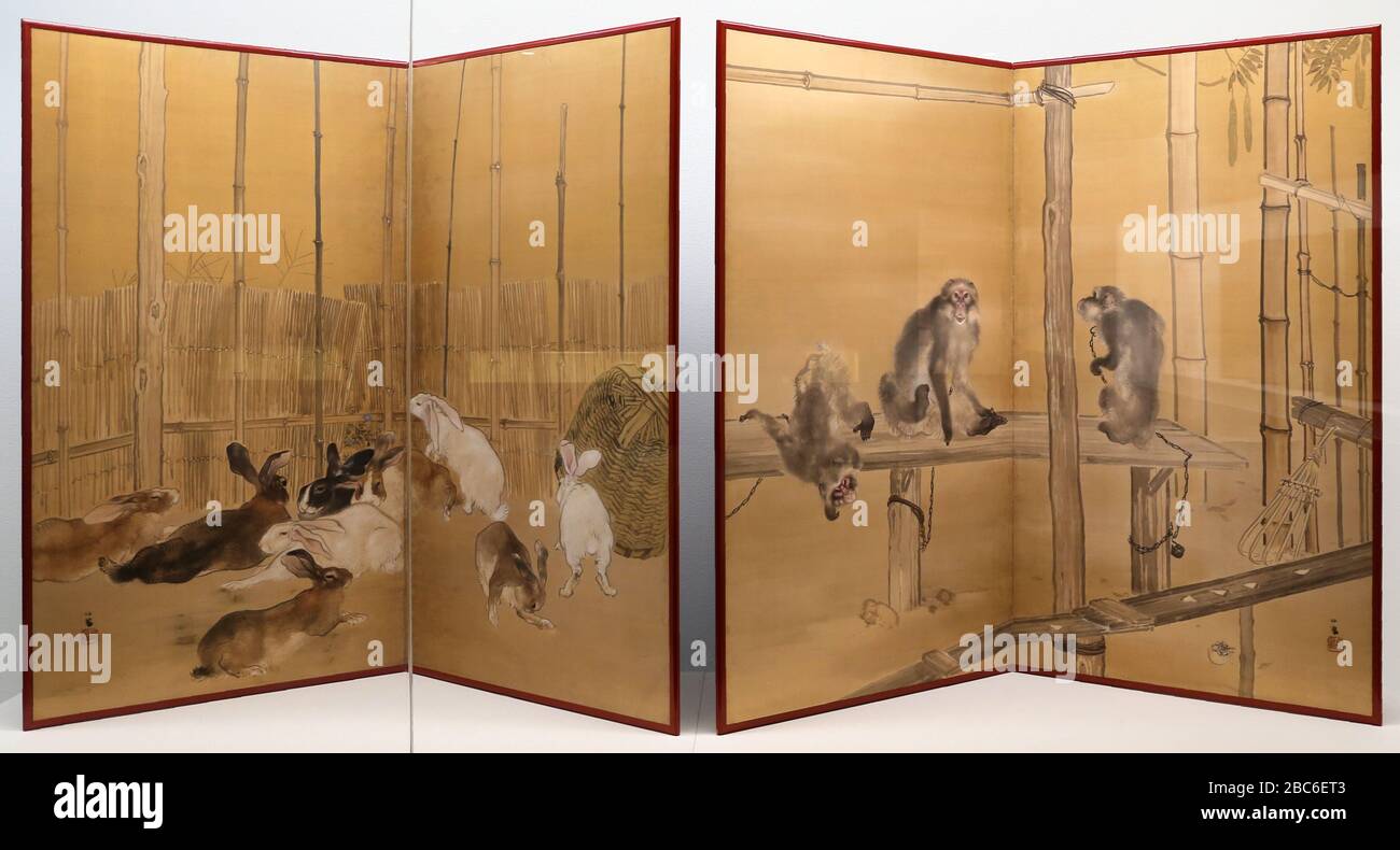 'English: TAKEUCHI, Seiho (1864-1942). Monkeys and Rabbits, 1908. Two panels folding screens, w183.0 x h163.5 cm. The National Museum of Modern Art, Tokyo Français : TAKEUCHI, Seiho (1864-1942).  Singes et lapins , 1908. Paravents à deux panneaux, L. 183 x H. 163.5 cm. Musée national d'art moderne, Tokyo; 18 November 2017, 08:29:18; Own work; Sailko; ' Stock Photo