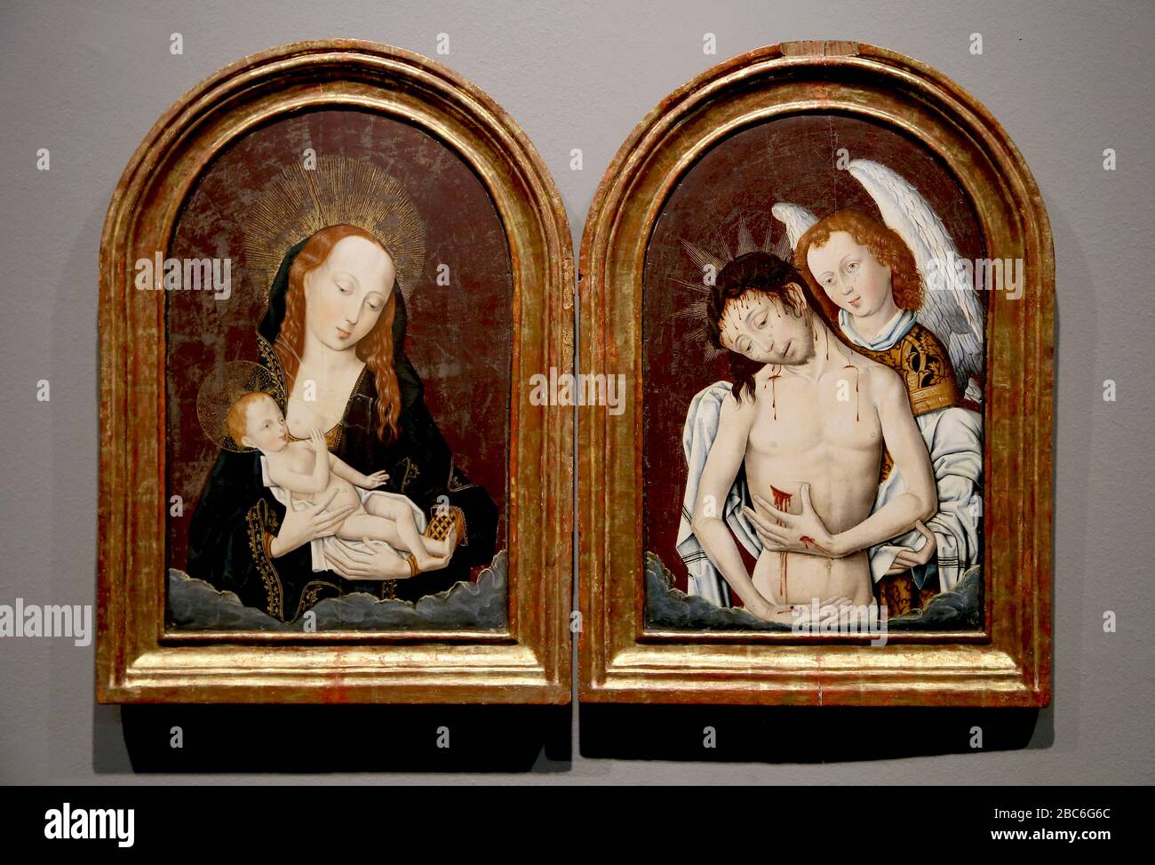 Diptych of the Mother of God (Milk Giver) and the Pity of Christ. (C. 1500) Unknown artist, oil on board paint. Netherlands. Monastery of Pedralbes Stock Photo