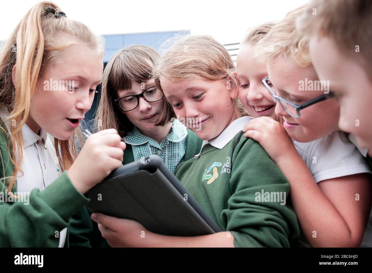 Junior school pupils during a science field trip at NETPark in Sedgefiled, County Durham, UK. 19/7/2017. Photograph: Stuart Boulton. Stock Photo