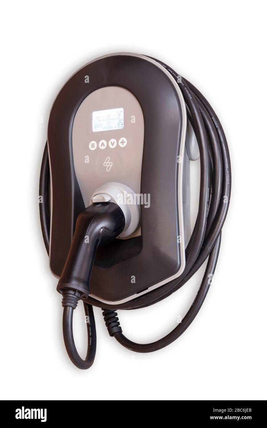 Zappi home electric car charger on a wall in a home garage situation. electric car charging home charger .car charger in garage at home Stock Photo