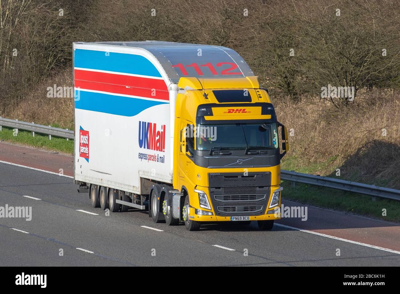 DHL UK Mail Haulage delivery trucks, lorry, transportation, truck