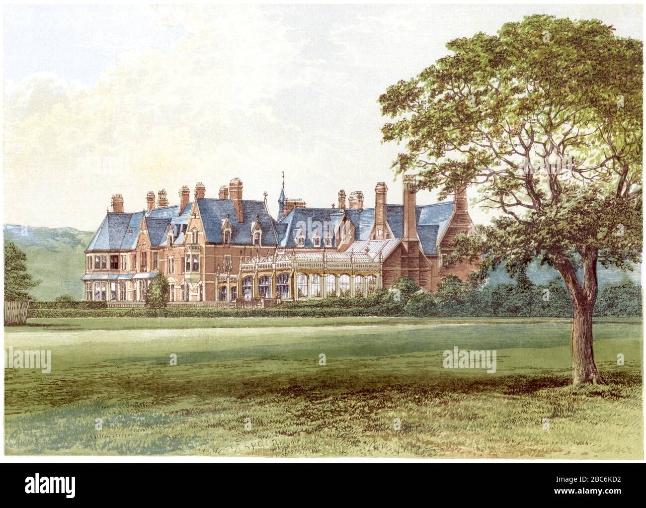 A coloured illustration of Hutton Hall Guisborough scanned at high resolution from a book printed in 1870.  Believed copyright free. Stock Photo