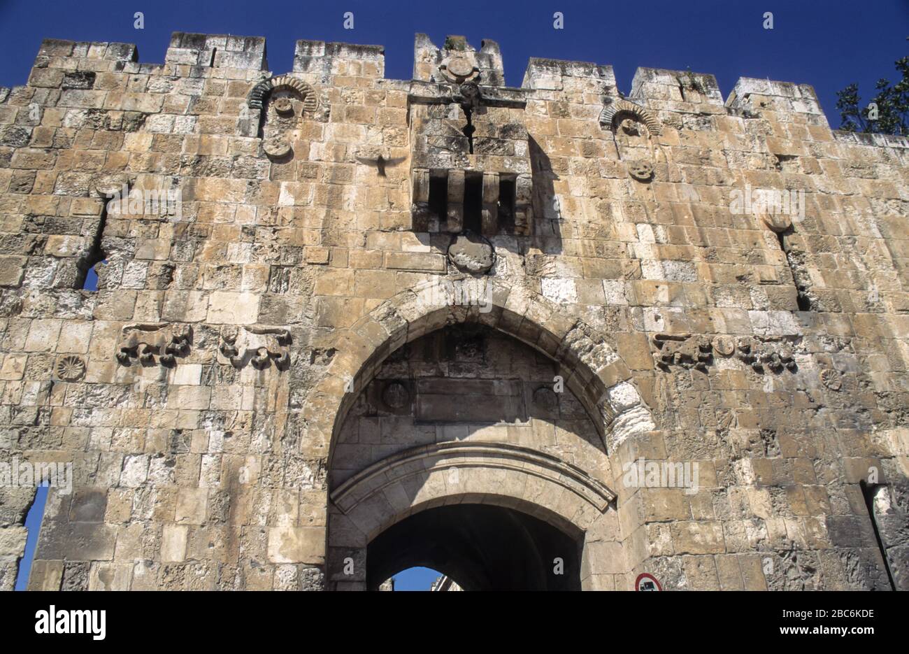 Lions' Gate (also St. Stephen's Gate or Sheep Gate) is a gate in the walls of the Old City in Jerusalem. It is one of seven open gates in the Old City Stock Photo