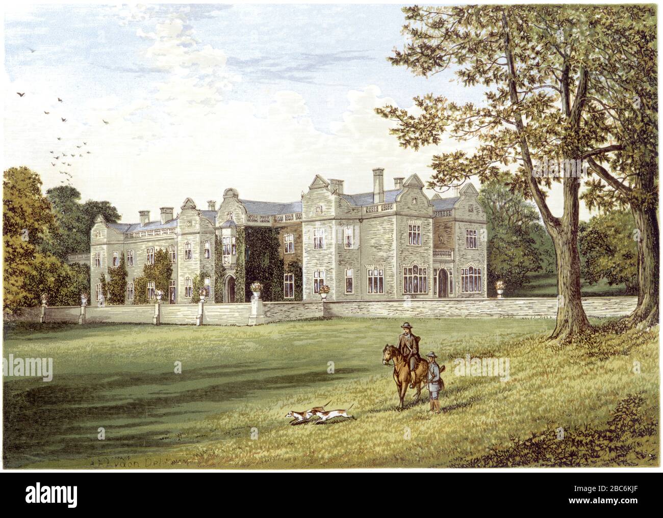 A coloured illustration of Brantingham Thorpe Hall, Yorkshire UK scanned at high resolution from a book printed in 1870.  Believed copyright free. Stock Photo