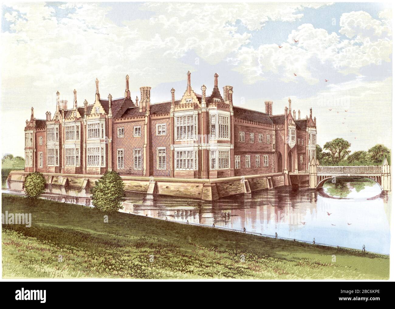 A coloured illustration of Helmingham Hall, Stowmarket, Suffolk scanned at high resolution from a book printed in 1870. Believed copyright free. Stock Photo