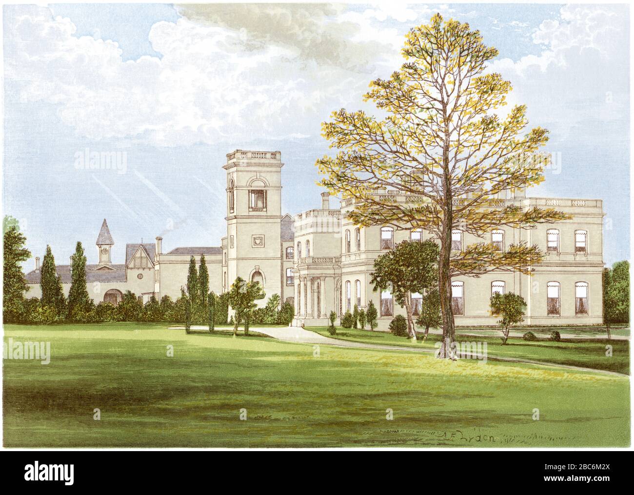 Coloured illustration of Stowlangtoft Hall near Bury St Edmunds, Suffolk scanned at high res from a book printed in 1870. Believed copyright free. Stock Photo