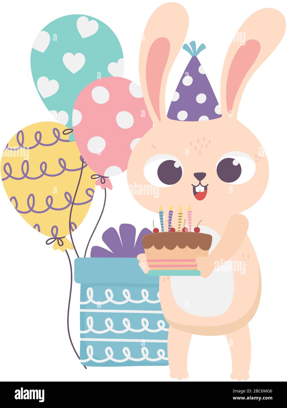 happy day, rabbit with party hat cake and balloons vector illustration ...
