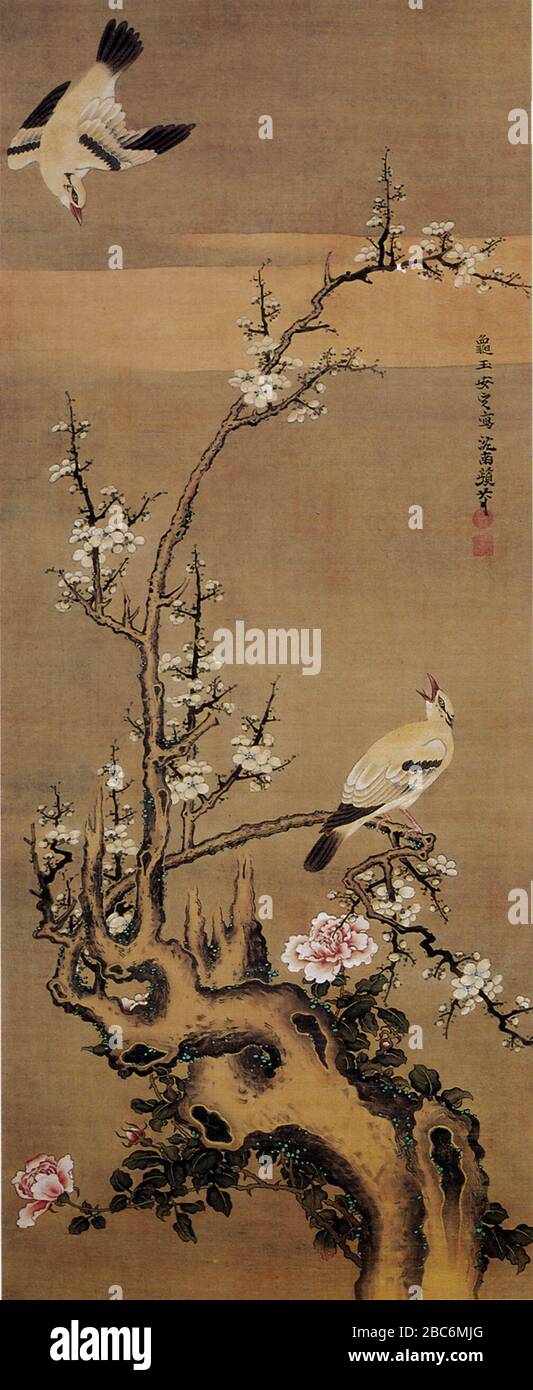 English Kurokawa Kigyoku White Plum Blossoms And Yellow Birds A Hanging Scroll Color On Silk Middle Edo Period 日本語 黒川亀玉 白梅黄鳥図 絹本着色 江戸時代中期 江戸時代中期 Middle Edo Period 18c 季刊古美術 古美術 第93号 1990年 三彩社 黒川亀