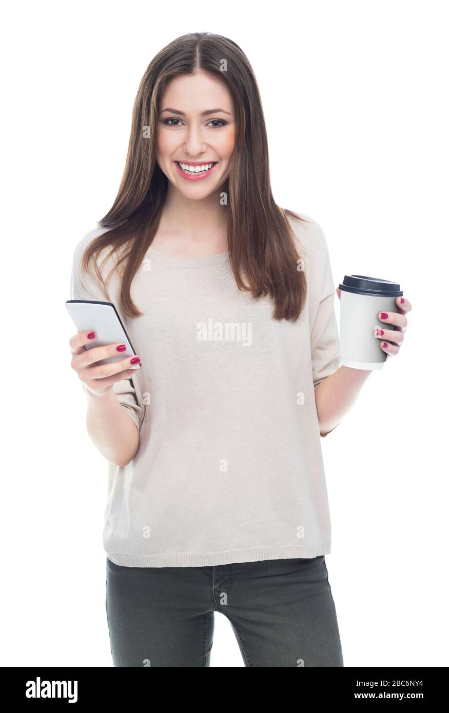 Woman with mobile phone and coffee Stock Photo