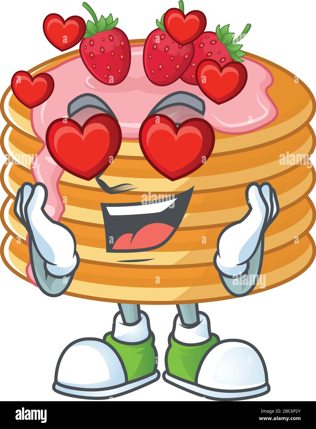 Charming strawberry cream pancake cartoon character with a falling in