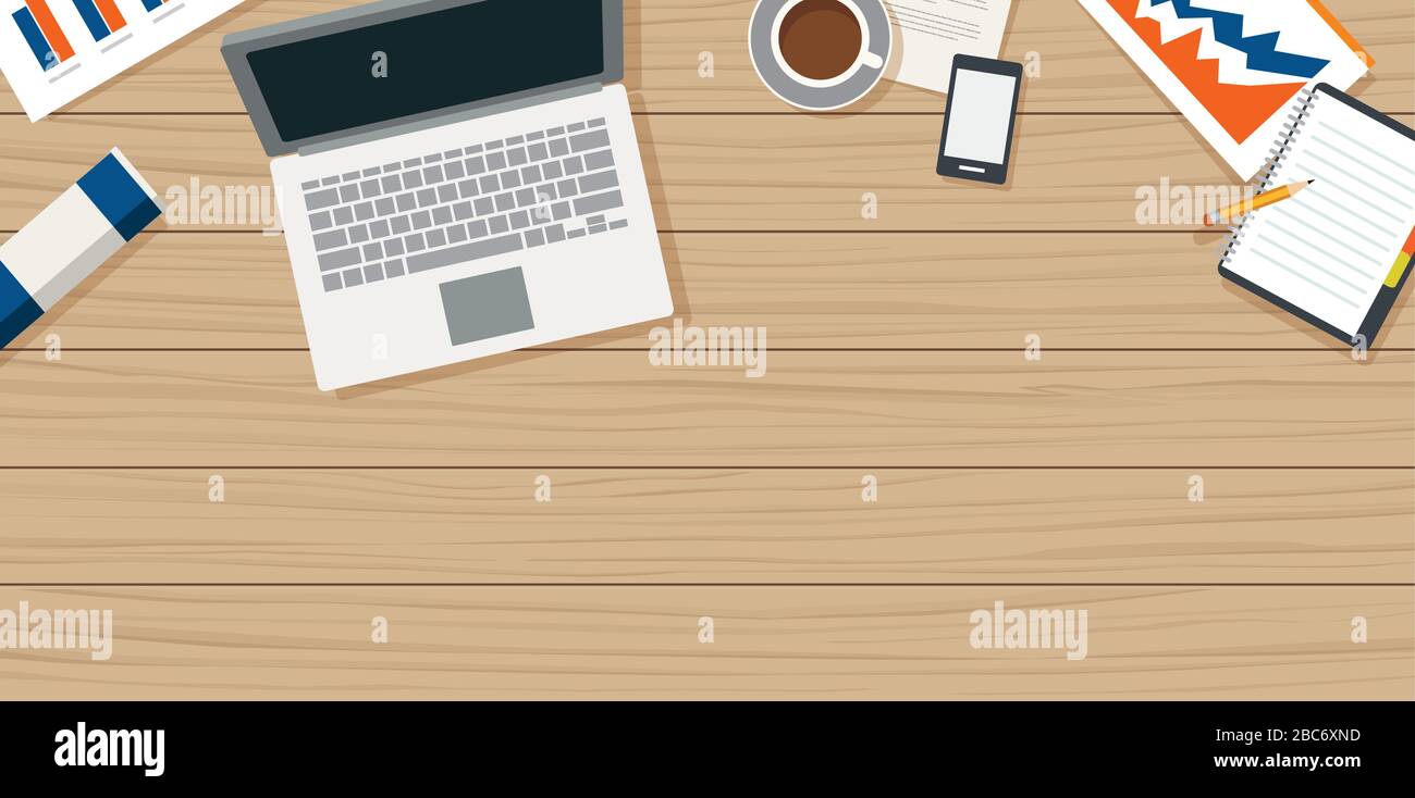 Work from home with wooden table and small office equipment Stock