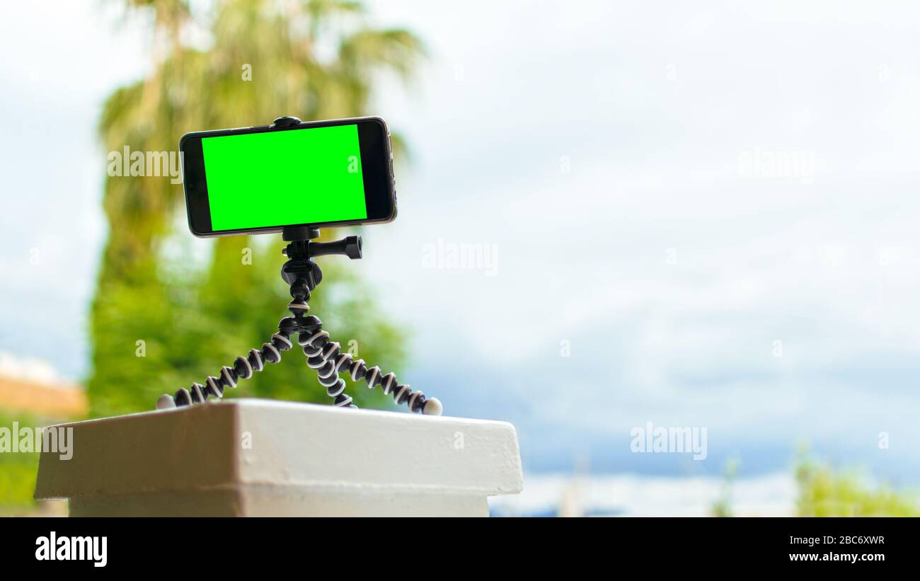 Smartphone on a tripod with green screen on it. mobile smart phone with ...
