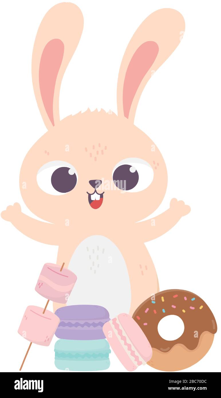 happy day, cute rabbit with macaroons and donut vector illustration ...