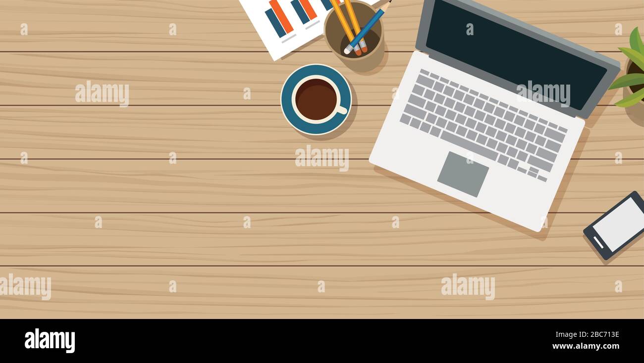 Work from home with wooden table and small office equipment Stock