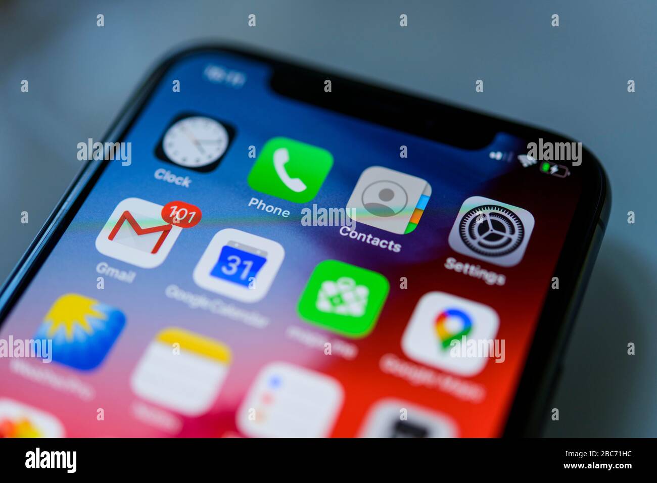 IPhone 11, start screen, home screen with app icons on the display, apps, iOS, smartphone, Germany Stock Photo