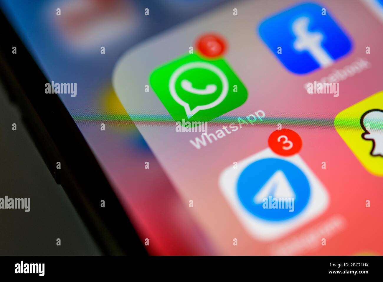 Facebook, Telegram and WhatsApp, social apps, app icons, display on mobile phone, smartphone, detail, full format Stock Photo