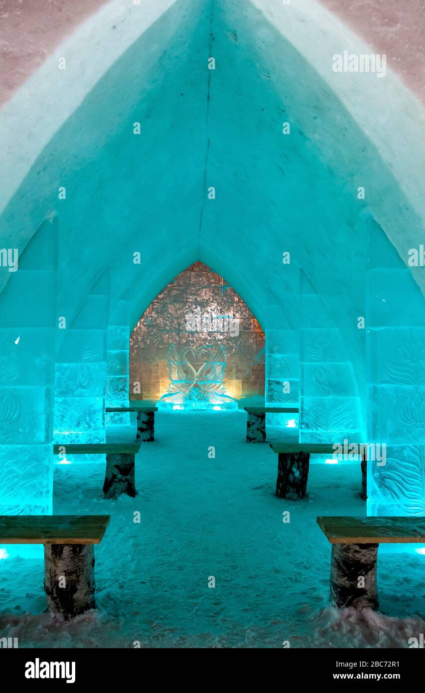 Inside the ice castle with colorful LED lights Stock Photo Alamy