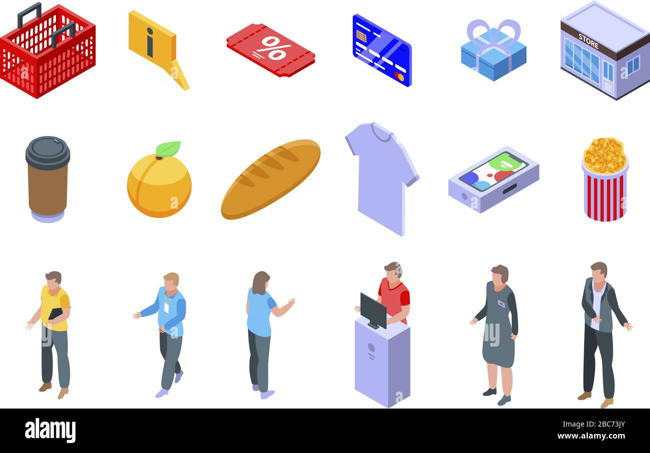 Shop assistant icons set, isometric style Stock Vector