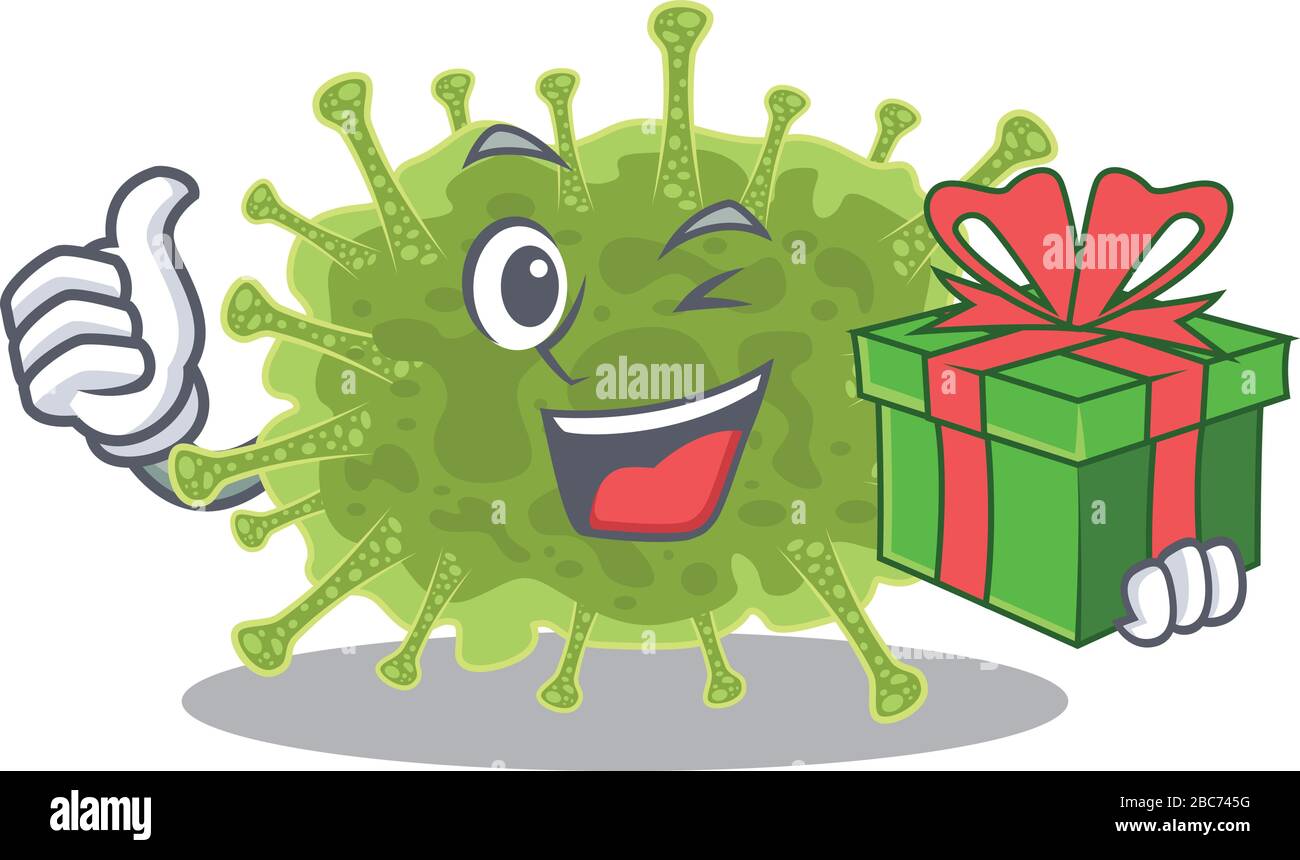 Smiling haploviricotina cartoon character having a green gift box Stock Vector